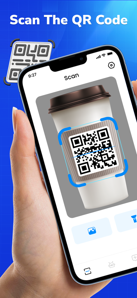 iPhone screen showing the AI QR Code Scan app interface scanning a code on a coffee cup sleeve