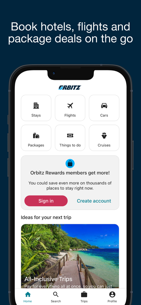The Orbitz mobile app home screen showing options for booking stays, flights, cars, and rewards member sign-in.