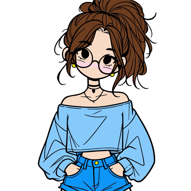 girl with a messy ponytail glasses a baggy crop top and jean shorts