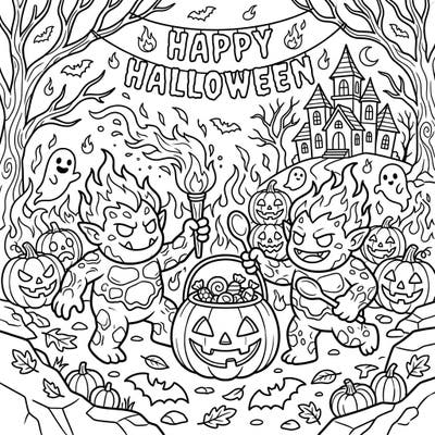Dive into a thrilling Halloween adventure with our unique Fire Trolls coloring page. These fiery creatures are ready for trick-or-treating amidst spooky jack-o'-lanterns and friendly ghosts, promising hours of creative fun.