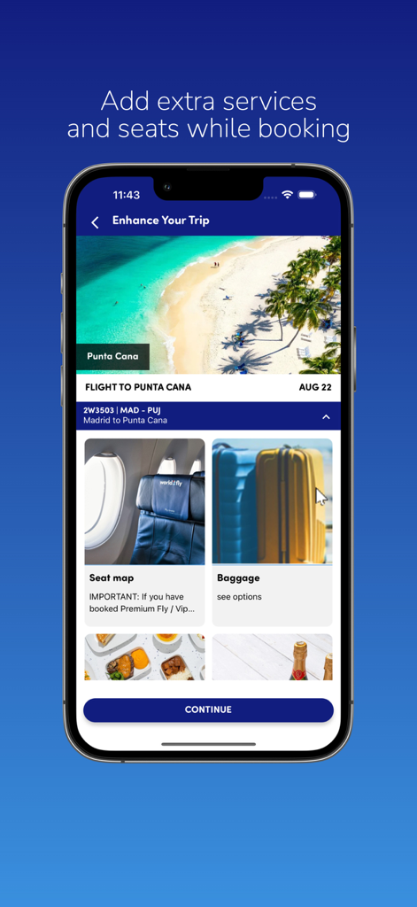 Pantalla de reserva de servicios adicionales de la aplicación World2Fly que muestra opciones de mejora de vuelo para selección de asientos y equipaje para un viaje a Punta Cana.