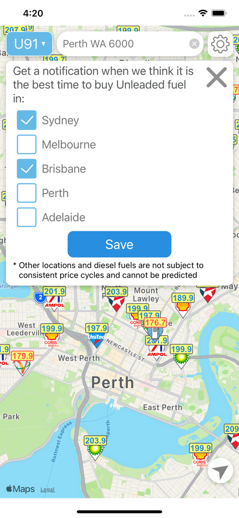 Fuel price notification settings in the Petrol Spy Australia app