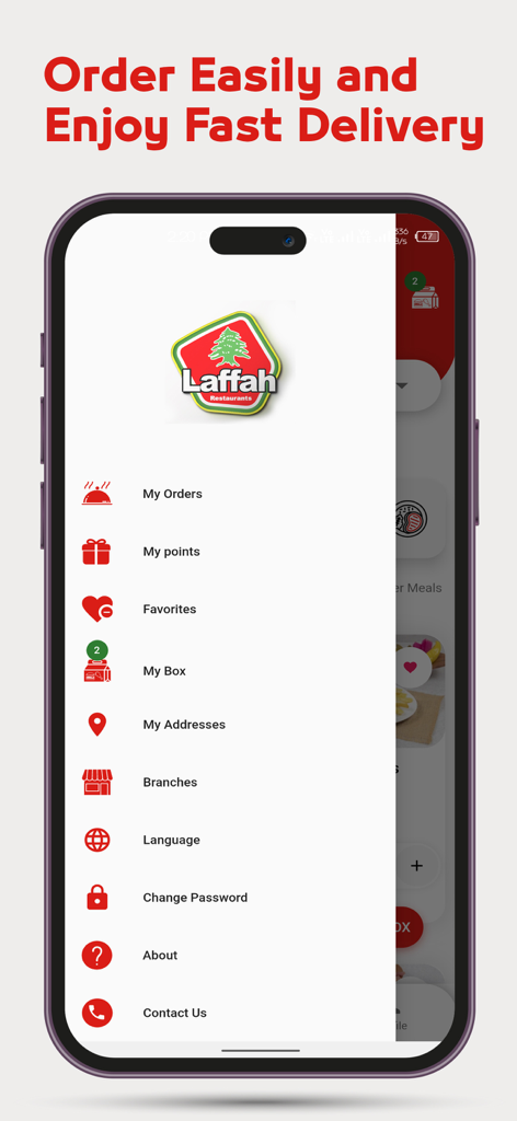 Menú de navegación de la app móvil del Restaurante Laffah mostrando opciones de usuario como puntos de pedidos y favoritos