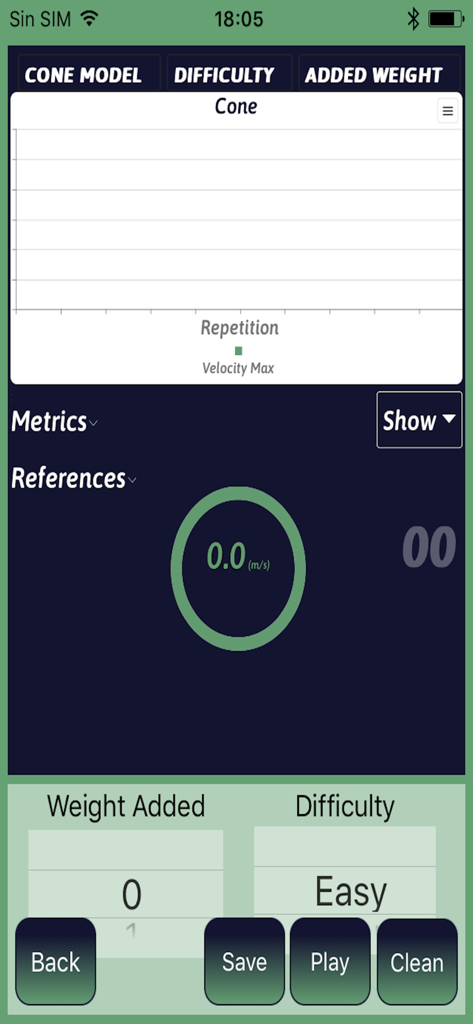 Valkyria Trainer 6.0 - Interfaz de la aplicación Valkyria Trainer 6.0 que muestra el seguimiento de la velocidad del módulo POLEA y métricas de entrenamiento.