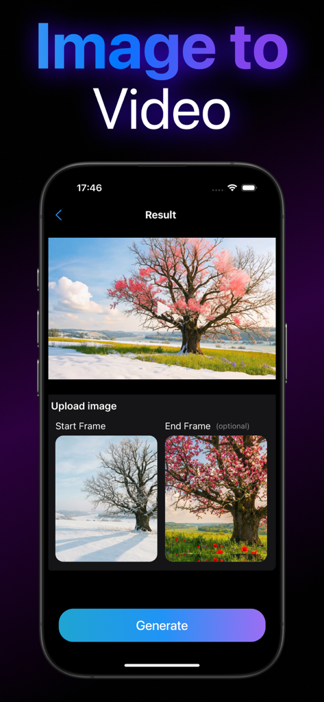 AI Video Generator - Nexory - Nexory AI Video Generator interface showing the image to video conversion feature with start and end frames.