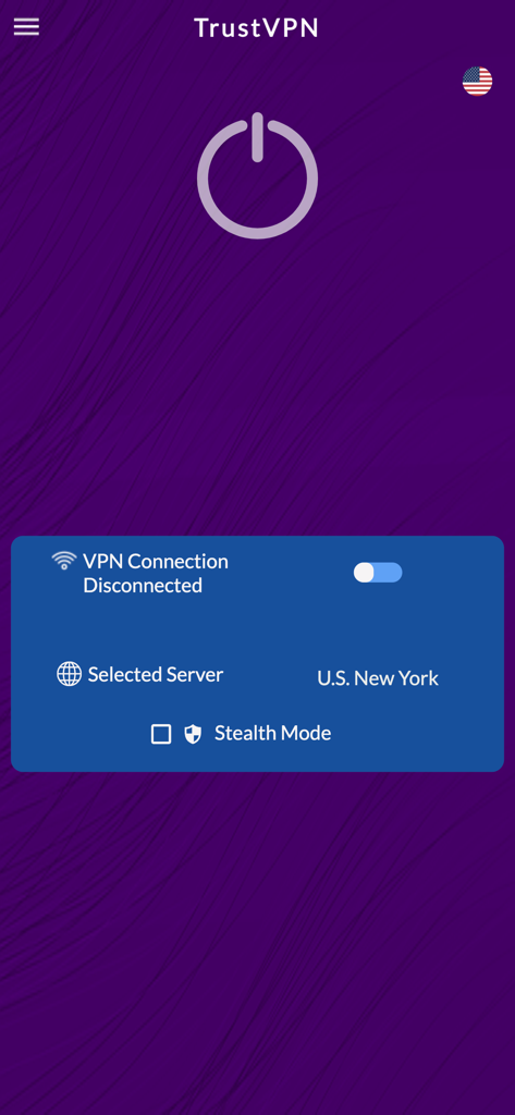Trust VPN - Interface of Trust VPN app showing disconnected status and U.S. New York server selection.