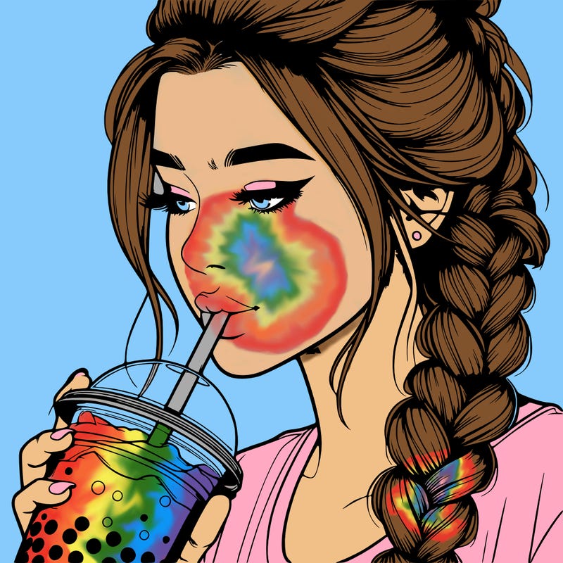 realistic girl drinking boba tea with braided hair