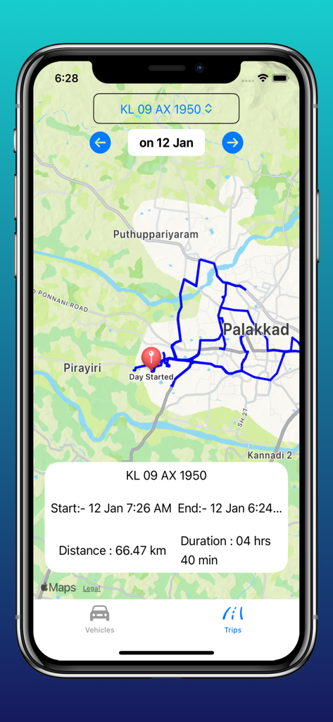 TrackX.io - Tela de smartphone exibindo a rota de viagem de um veículo em um mapa com estatísticas de distância e duração.