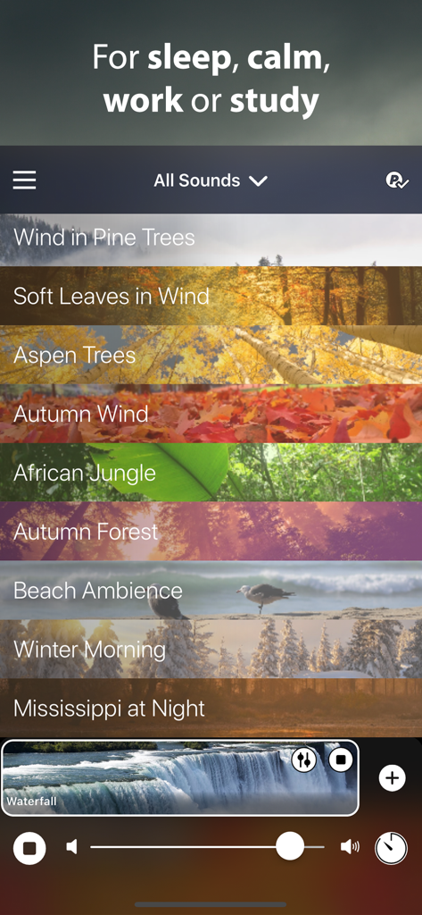 Rain Rain Sleep Sounds app interface with list of nature sounds and waterfall playback