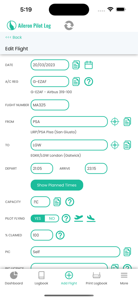 Interfaz de la aplicación Aileron Pilot Log para editar información de vuelo, incluyendo registro de aeronave y horarios de salida.