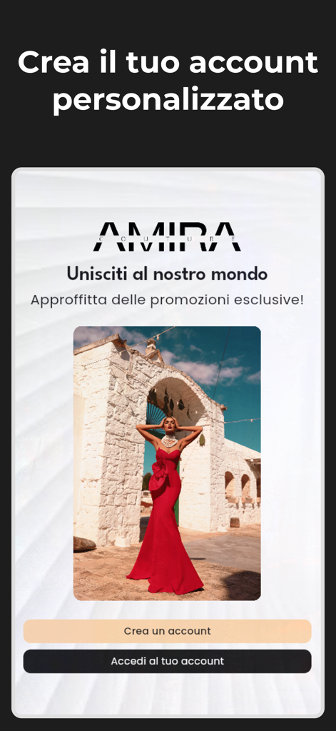 Amira couture - Amira couture app registration screen featuring a model in a luxury red gown