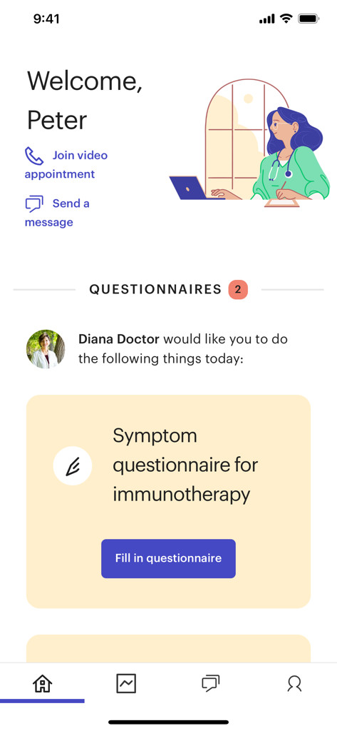 Kaiku Health - Kaiku Health app dashboard showing a symptom questionnaire request for immunotherapy patients