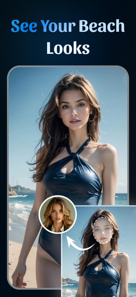 AI Face Swap Video & Photo App - A mobile app interface showcasing the AI beach look face swap feature with a before and after comparison
