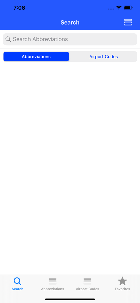 Pantalla de búsqueda de la aplicación Acrónimos de Aviación con botones de alternancia para abreviaturas de la FAA y códigos de aeropuerto