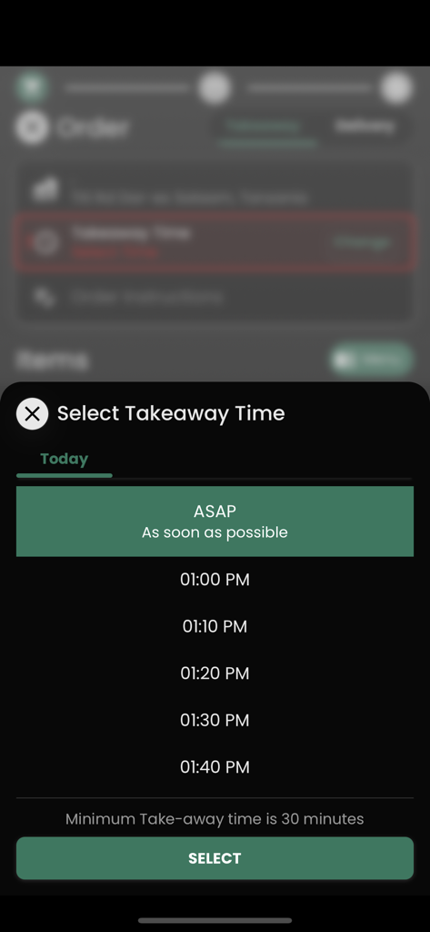 Karachi Food Master - Takeaway time selection screen with ASAP and scheduled pickup options on the Karachi Food Master app