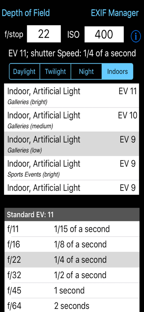 Exposure Calculator - Interface of the Exposure Calculator app showing camera settings for indoor lighting with f-stop and ISO inputs.