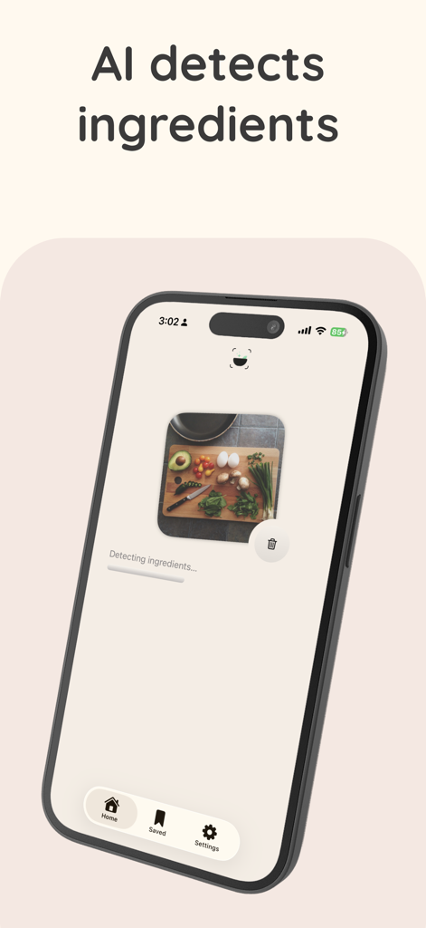 DishMe AI - DishMe AI app interface showing a smartphone scanning fresh ingredients on a cutting board to generate recipes.