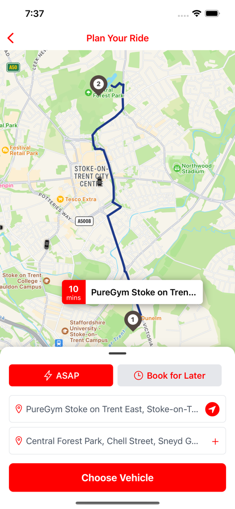 Lucky Seven Taxis app interface showing a map route from PureGym to Central Forest Park with ride booking options.