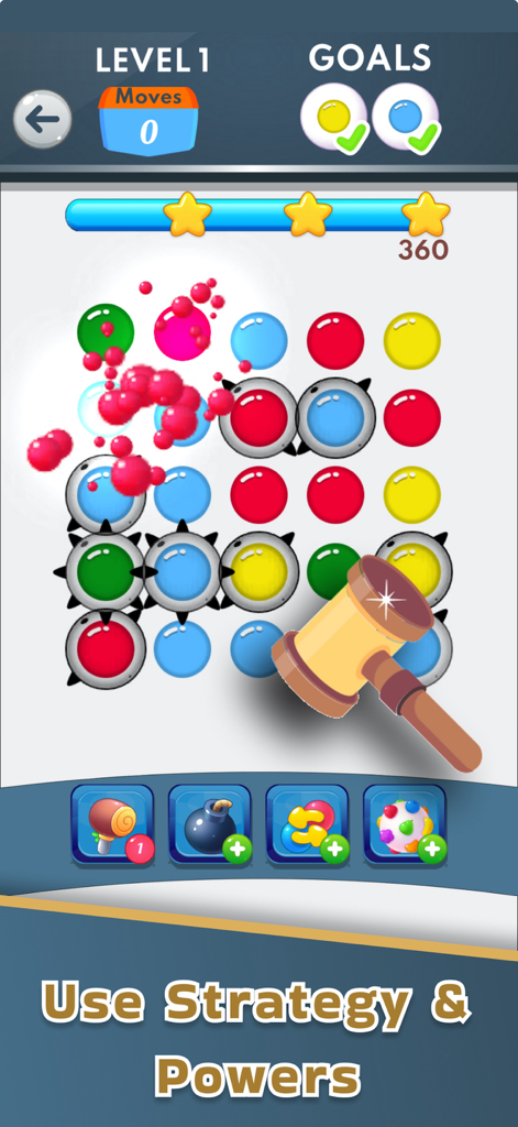 Collect em all: Connect em all - A gameplay screen of Collect em all featuring colorful balls and strategic power ups