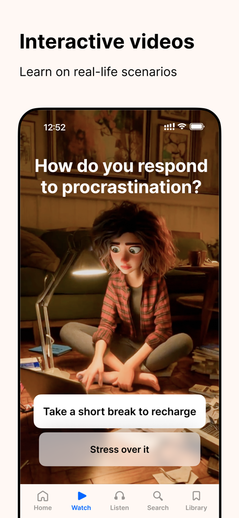Headway - Daily Micro Learning - Interactive microlearning video scenario on procrastination in the Headway app