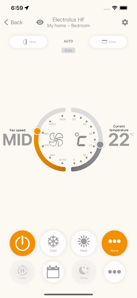 ClimatOn - Interfaz de la aplicación ClimatOn para gestionar la temperatura y la velocidad del ventilador del dormitorio.