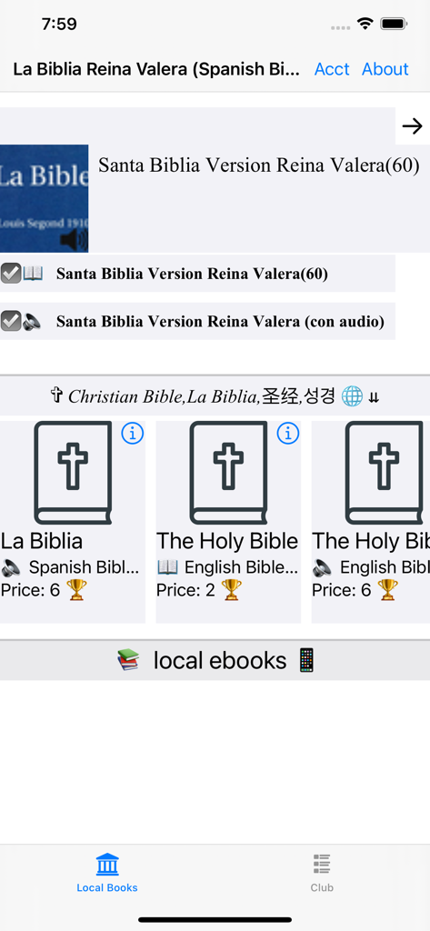 Santa Biblia Ver: Reina Valera - Interface of the Santa Biblia Reina Valera app showing a library of available Bible versions in Spanish and English