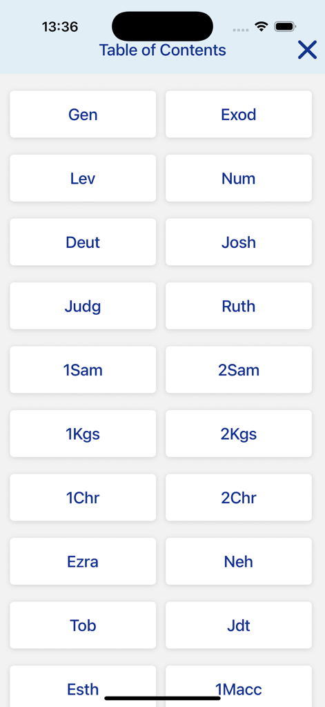 La Bible de Jérusalem - Table of contents screen showing a grid layout of Bible books such as Genesis and Exodus.