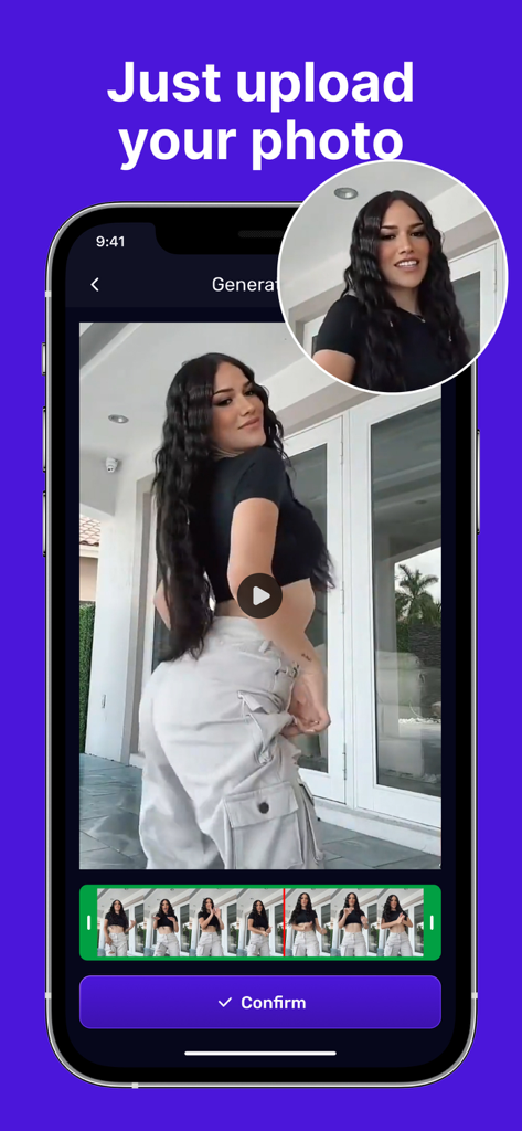 Mobile app interface showing a photo being transformed into a dance video using AI