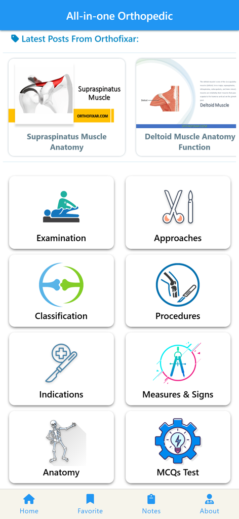 Hauptmenü der All-in-one Orthopädie-App mit Kategorien für Untersuchung, chirurgische Ansätze und Anatomie