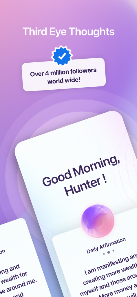 Third Eye Thoughts - Third Eye Thoughtsアプリのホーム画面。マニフェステーションのためのパーソナライズされた毎日のアファメーションが表示されています。