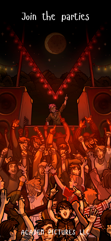 ACADEM DREAMS: Adventure & Sim - Un'illustrazione artistica di una folla di studenti che ballano a una festa notturna con un DJ e luci festive.