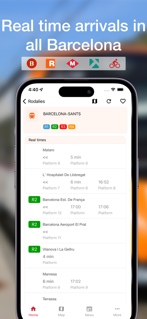 Barcelona Transports - Mobile app interface showing real time train arrivals at Barcelona Sants station