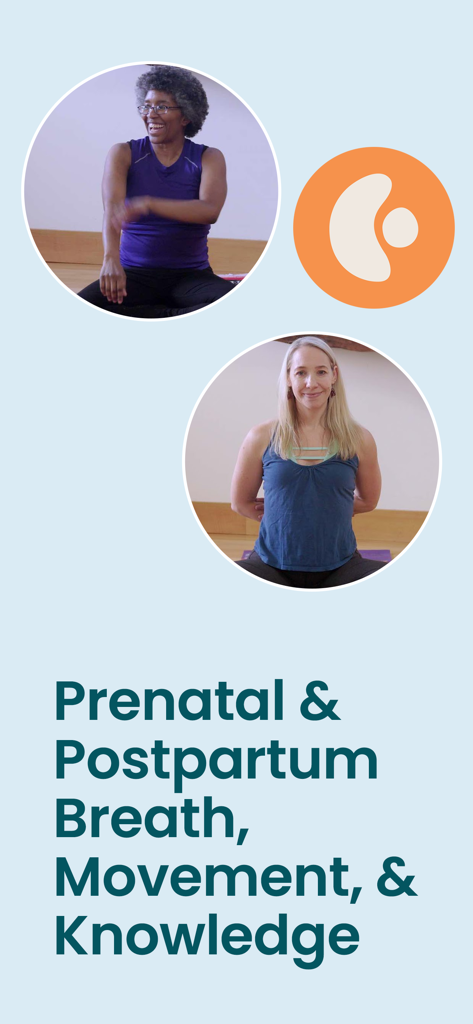 Écran de l'application Carry avec des instructeurs et du texte indiquant 'Mouvement et connaissance de la respiration prénatale et post-partum'