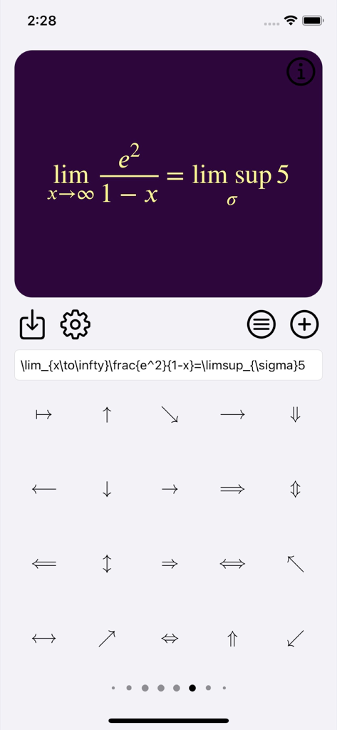 Mobile app interface of Latex Equation Editor showing a rendered mathematical formula and the corresponding LaTeX code