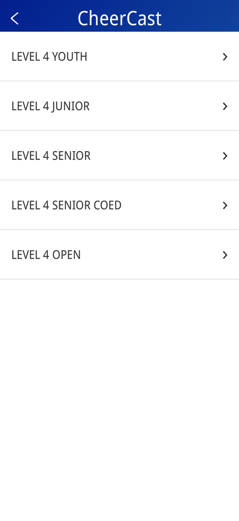 CheerCast - CheerCast app menu showing Level 4 cheerleading competition divisions including youth junior senior and open