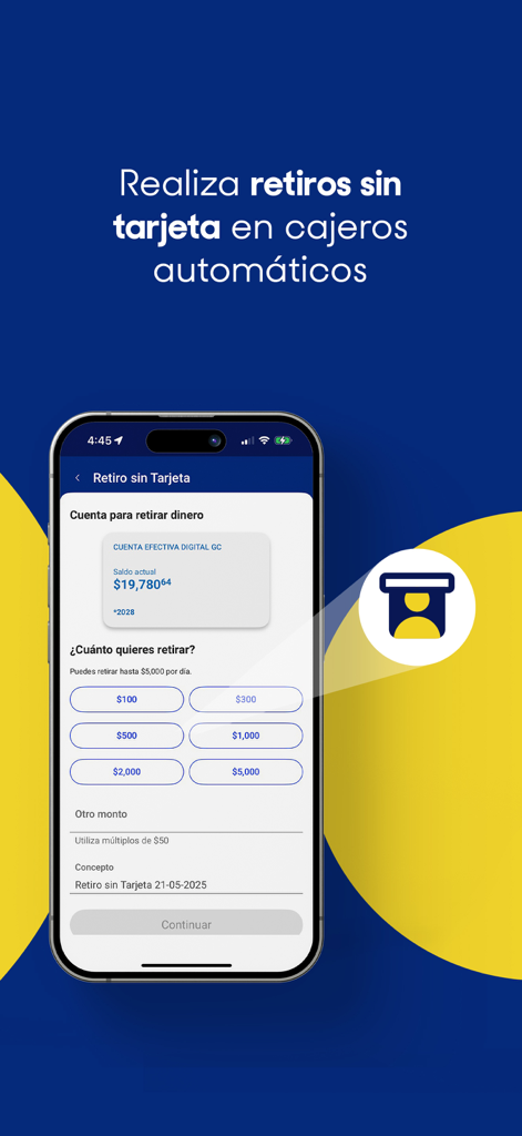 BanCoppel app screen showing options for cardless ATM withdrawals