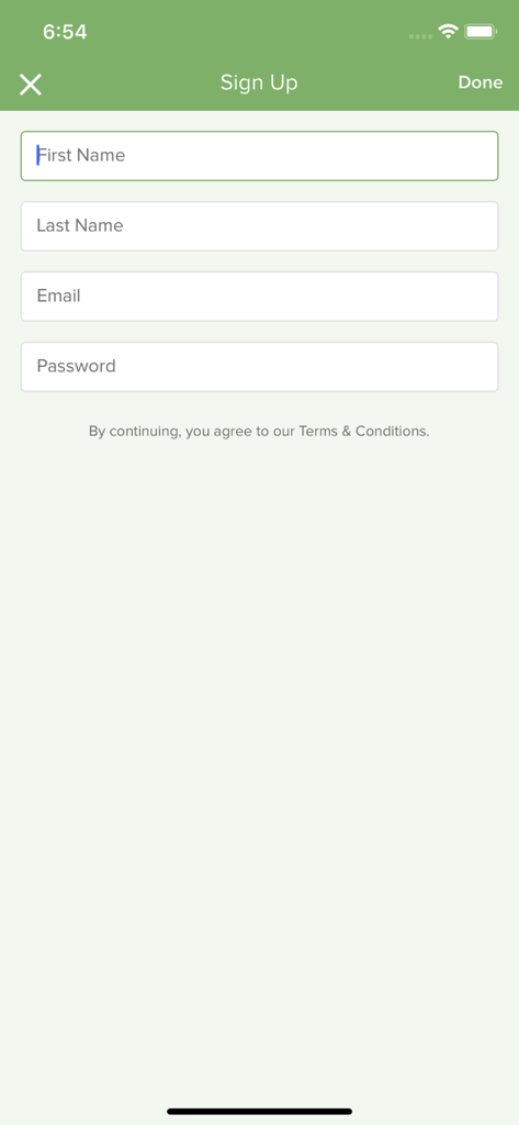 Sign up screen for the Lotsa Helping Hands app featuring input fields for first name last name email and password
