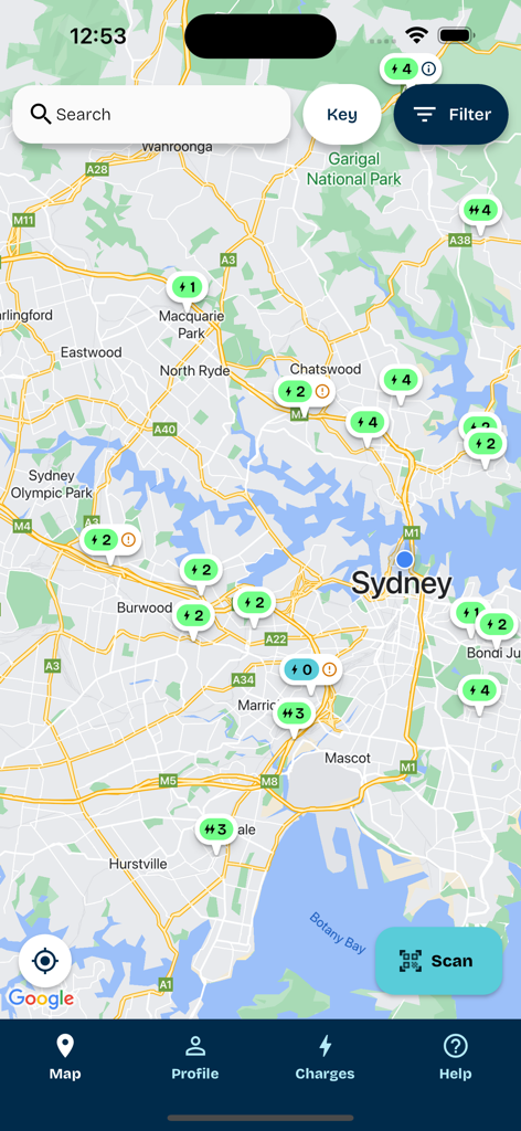 Evie Charging - Map view of the Evie Charging app showing several available electric vehicle charging stations across Sydney Australia