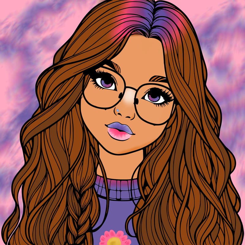 girl with long hair and freckles and glasses realistic