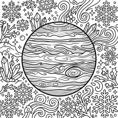 Explore the majestic planet Jupiter reimagined in a dynamic Pop Art style, set against a magical winter wonderland backdrop. This intricate design offers a unique blend of celestial beauty and frosty charm, perfect for a captivating coloring experience.