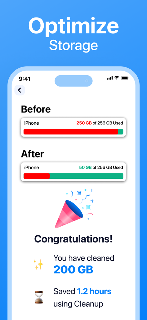 A screenshot showing a before and after comparison of iPhone storage usage with 200 GB of space cleaned using the Cleanup app.