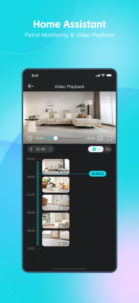 EBO HOME Robot - EBO HOME Robot mobile app interface showing recorded video playback and a timeline of home patrol events including pets