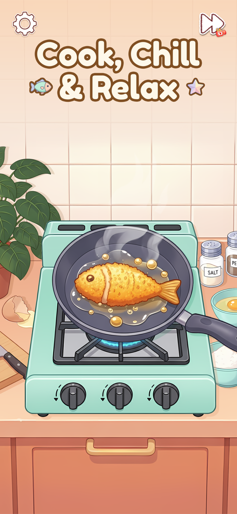 A relaxing mini game in Satisclean showing a golden breaded fish frying in a pan on a mint green stove