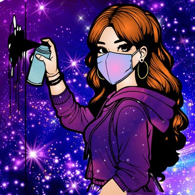 realistic girl with mask spray painting a wall