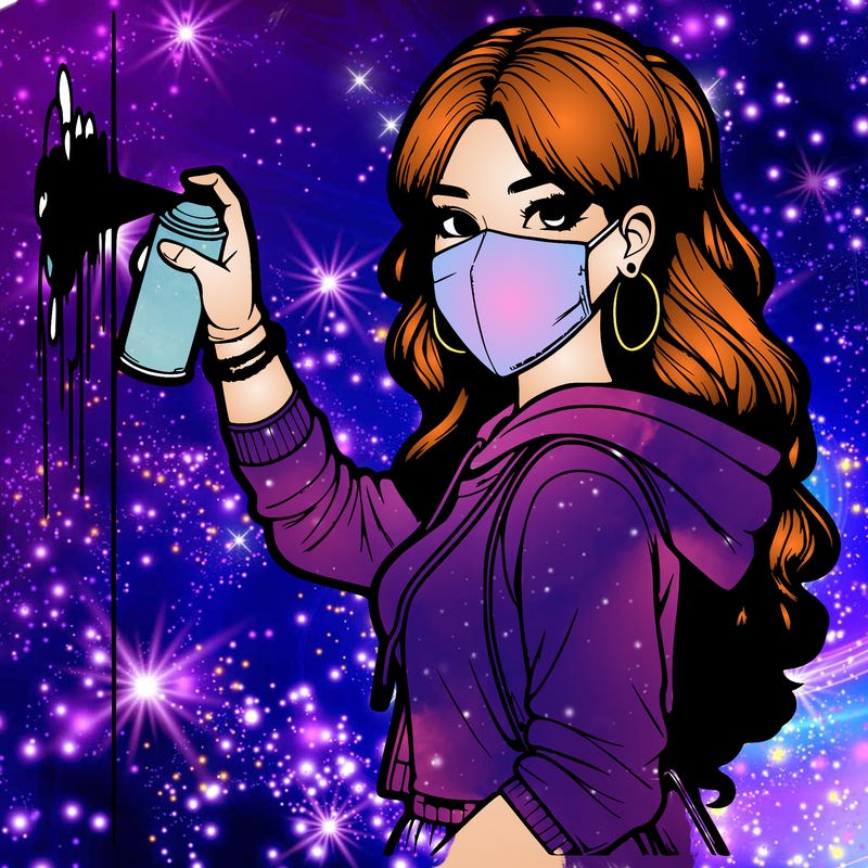 realistic girl with mask spray painting a wall