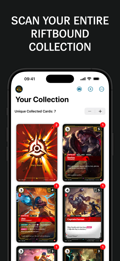 Riftbound Companion app interface displaying a digital card collection with various character cards and quantities