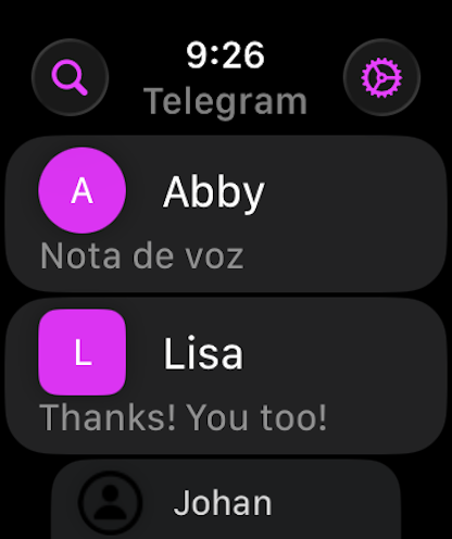 Watchagram - Watchagram app interface on Apple Watch displaying a list of Telegram conversations