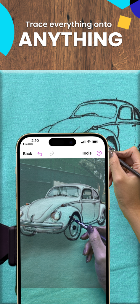 Tracing a vintage car onto a fabric canvas using the Da Vinci Eye AR drawing app