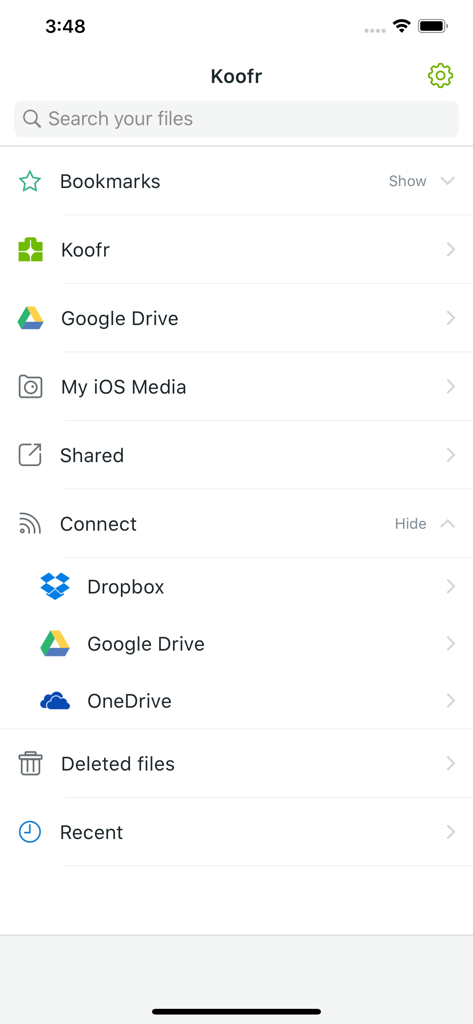 Koofr - Koofr mobile app interface showing unified storage for Google Drive Dropbox and OneDrive accounts
