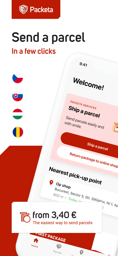 Packeta - Packeta mobile App-Oberfläche zum Senden und Zurücksenden von Paketen mit einer Karte von nahegelegenen Abholpunkten